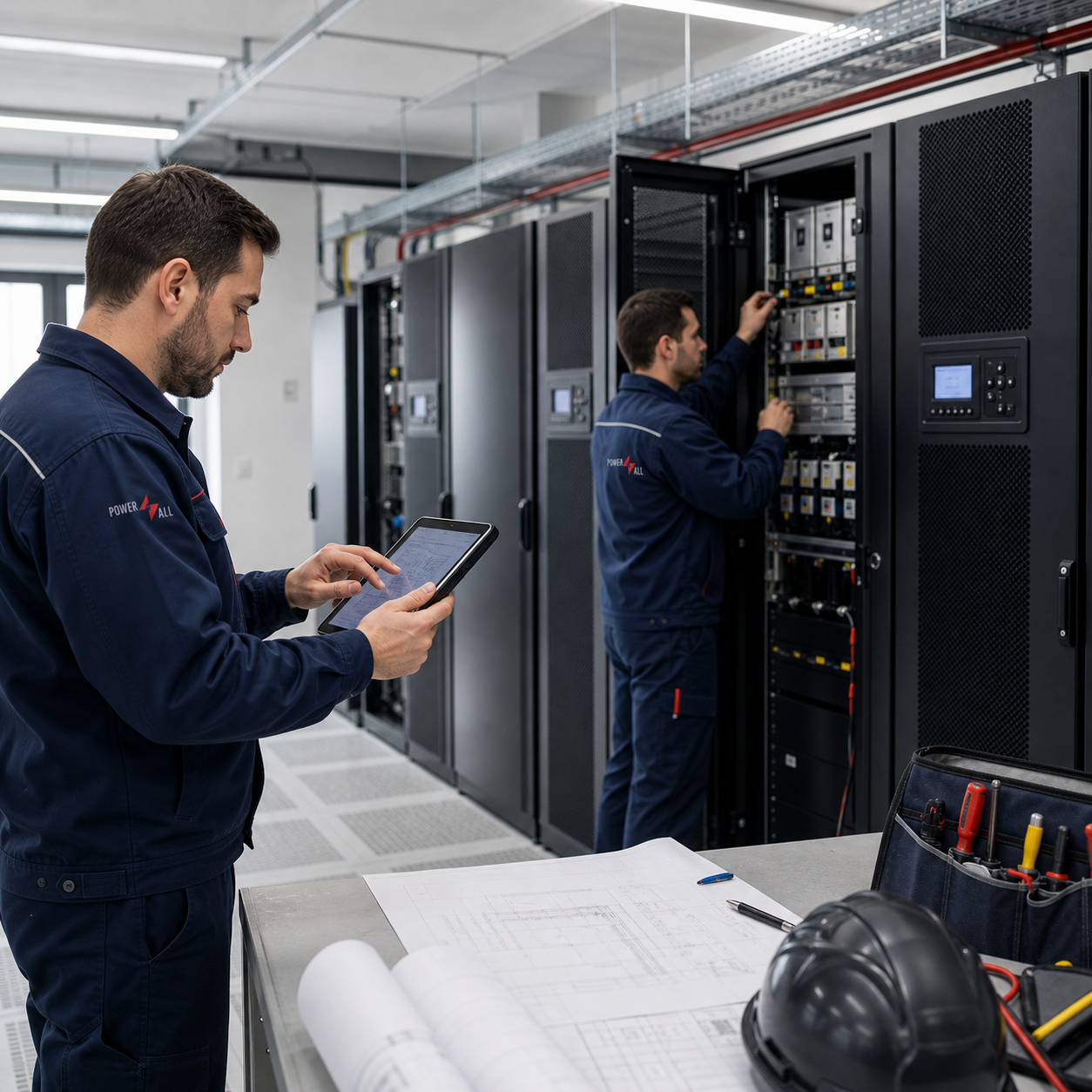 Echipă tehnică Power4ALL în proces de implementare și verificare a unui sistem UPS