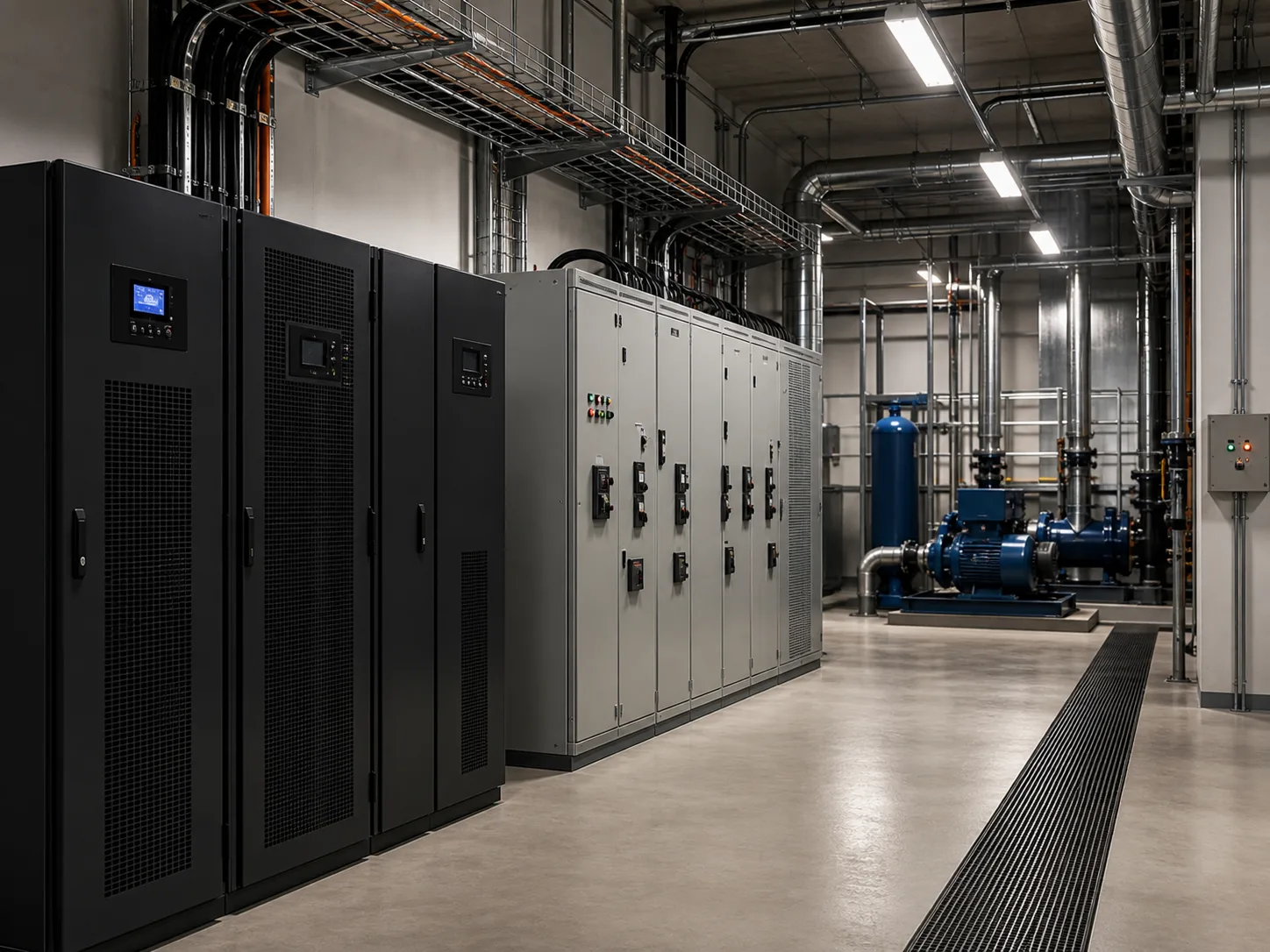 Cameră tehnică industrială cu tablouri electrice, procese și infrastructură UPS