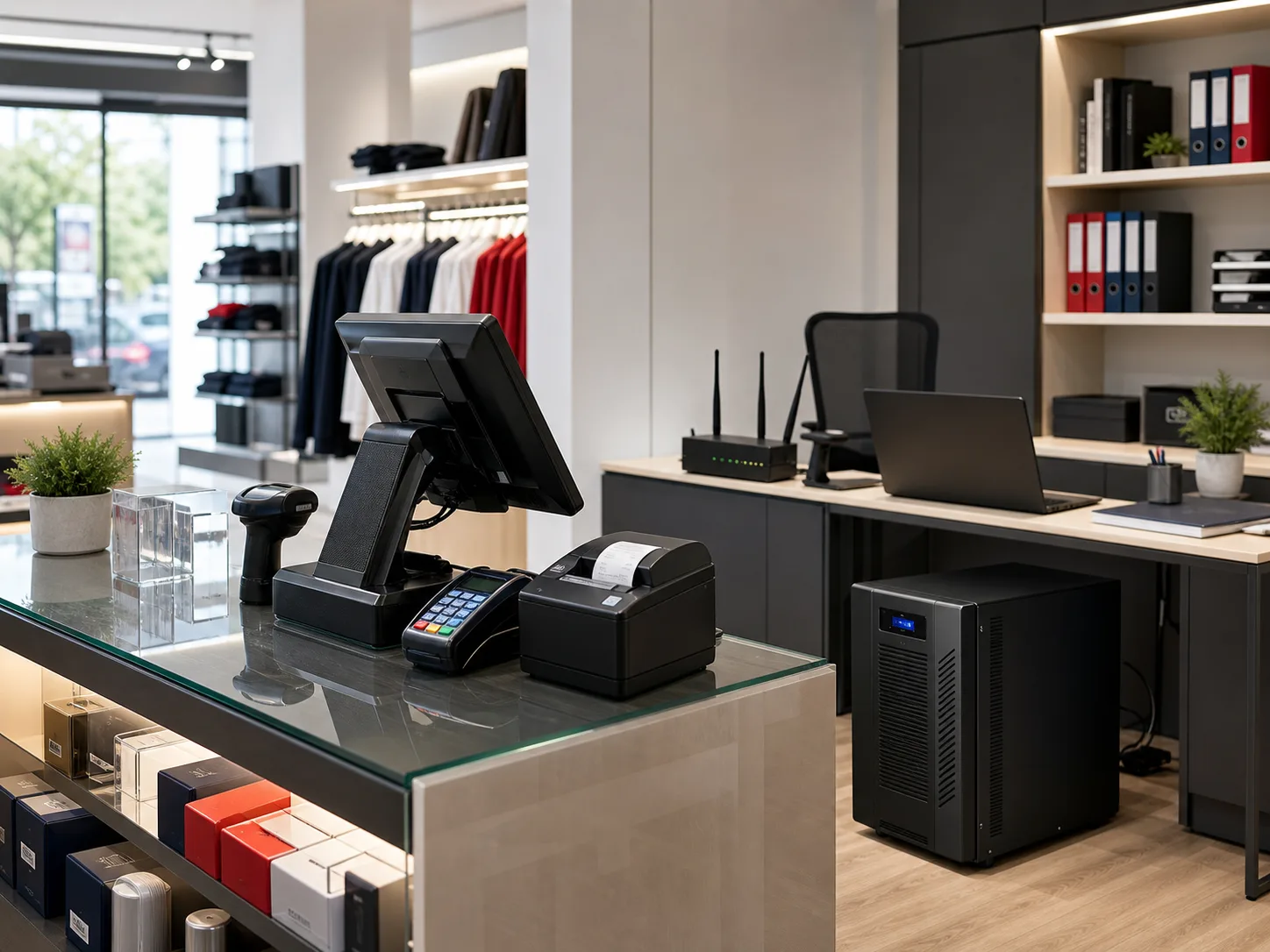 Spațiu modern de retail și birou cu POS, echipamente IT și sistem UPS